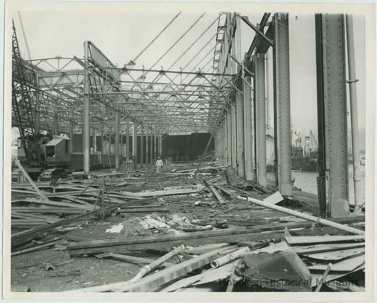 B+W photo of the reconstruction and extension of Pier 15 at the Bethlehem Steel Shipyard, Hoboken Division, July 19,1957. picture number 1