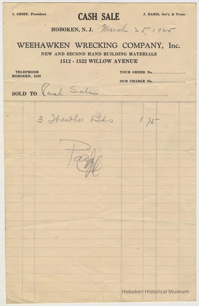 Receipt for cash sale, Weehawken Wrecking Company, Inc., 1512 - 1522 Willow Avenue, Hoboken, March 25, 1925. picture number 1
