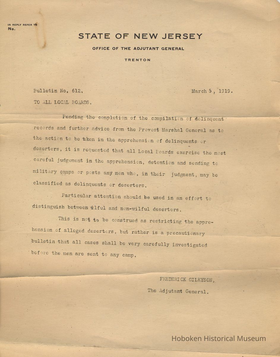 Bulletin No. 612. To all Local Boards re treatment of delinquents or deserters. March 5, 1919. picture number 1