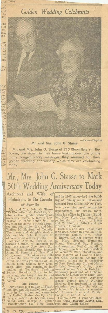 Newspaper clipping re 50th Anniversary of Mr. & Mrs. John G. Stasse, 715 Bloomfield St., Hoboken, April 27, 1957. picture number 1