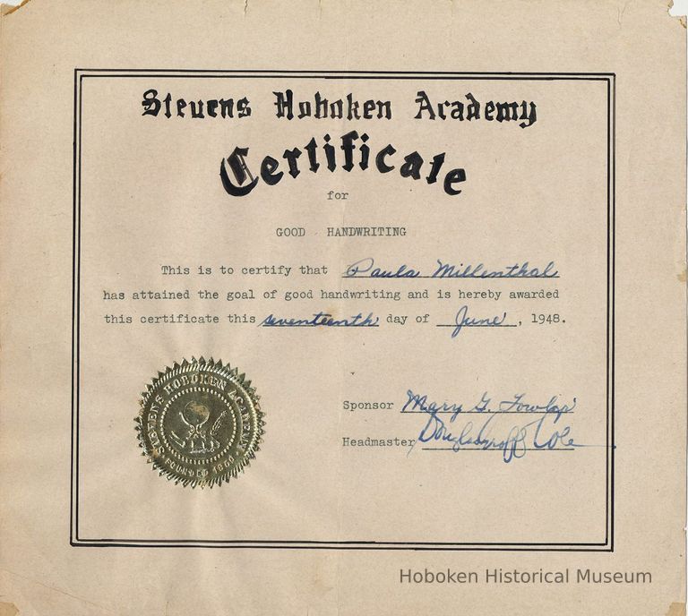 Digital image of certificate awarded to Paula Millenthal for penmanship on June Day 1948, Stevens Hoboken Academy, Hoboken, June 17, 1948. picture number 1