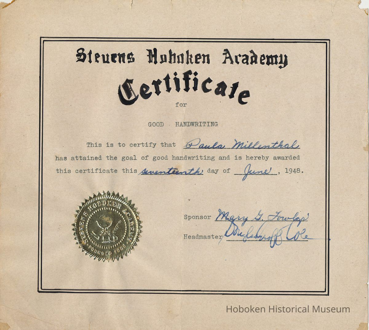 Digital image of certificate awarded to Paula Millenthal for penmanship on June Day 1948, Stevens Hoboken Academy, Hoboken, June 17, 1948. picture number 1