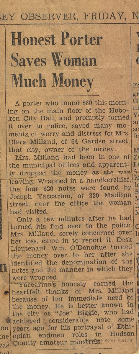 Newsclipping re Joe Yaccarino, Hoboken City Hall porter, returning money a woman lost there, Hoboken, ca. 1940's. picture number 1