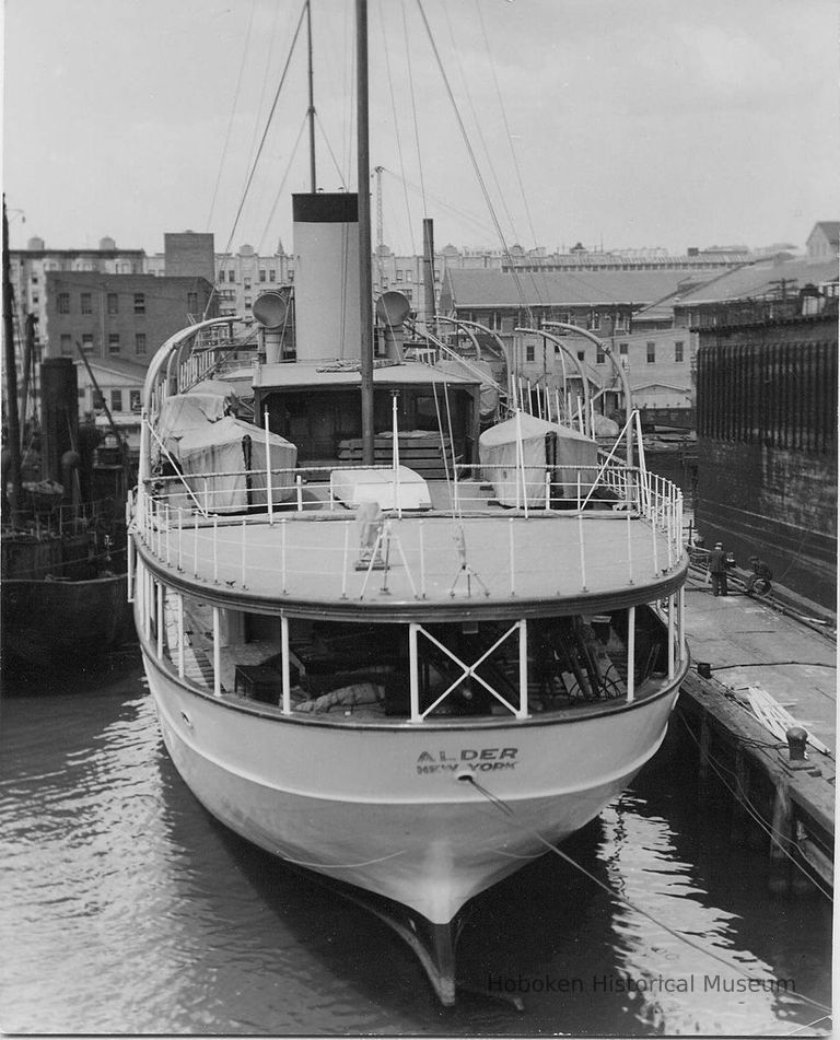 B+W photo of stern view of S.S. Alder berthed south of dry dock no.1, Hoboken, no date, ca. 1940 picture number 1