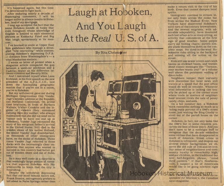 Article: Laugh at Hoboken, and You Laugh at the Real U.S.A. By Rita Christopher. Jerusalem Post (NYT, Op-Ed), Aug. 17, 1980. picture number 1