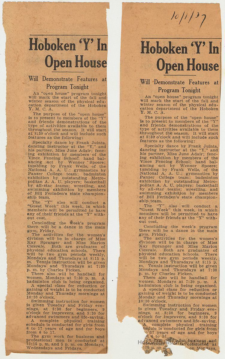 News clipping: Hoboken 'Y' in Open House, Oct. 1, 1937. picture number 1