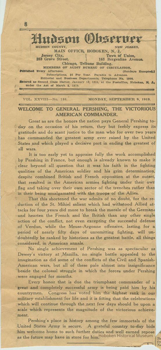 Newspaper clipping, Hudson Observer, Monday, Sept. 8, 1919. Editiorial welcoming General John J. Pershing. picture number 1