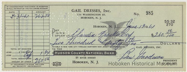 Bank check: account of Gail Dresses, Inc, 134 Washington St., Hoboken, June 19, 1961. Hudson County National Bank. picture number 1