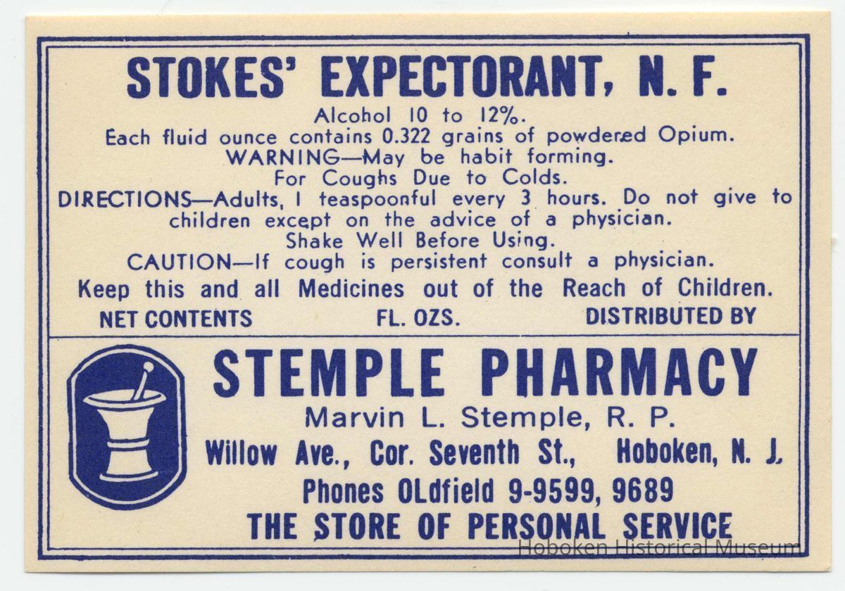 Printed label for medicine, Stokes Expectorant, N.F., from Stemple Pharmacy, 266 Seventh St., Hoboken, no date, ca. 1950. picture number 1