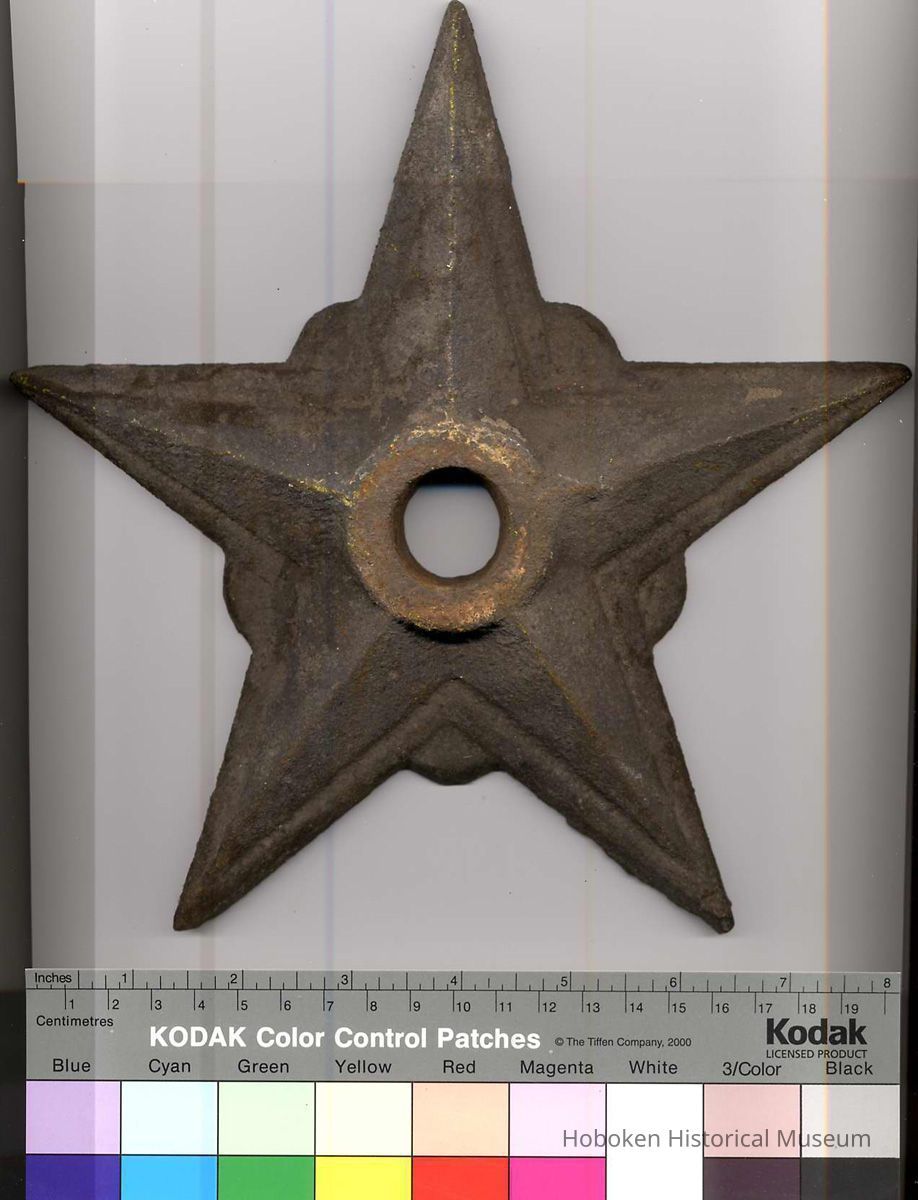Three 5-point star-shaped wall reinforcement plates reported to be from Bethlehem Steel Shipyard, Hoboken. picture number 1