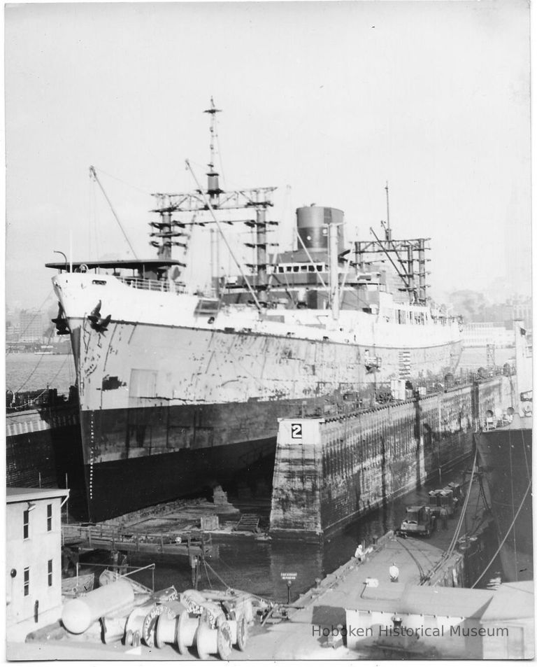 B+W photo of an unknown freighter in dry dock no. 2, Hoboken, no date, ca. 1940. picture number 1