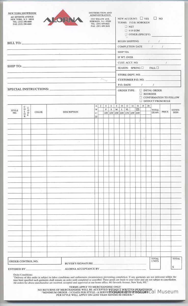 Order form: Alorna [Coat Corp.], NY & 1515 Willow Ave., Hoboken. No date, circa 2000-2003. picture number 1