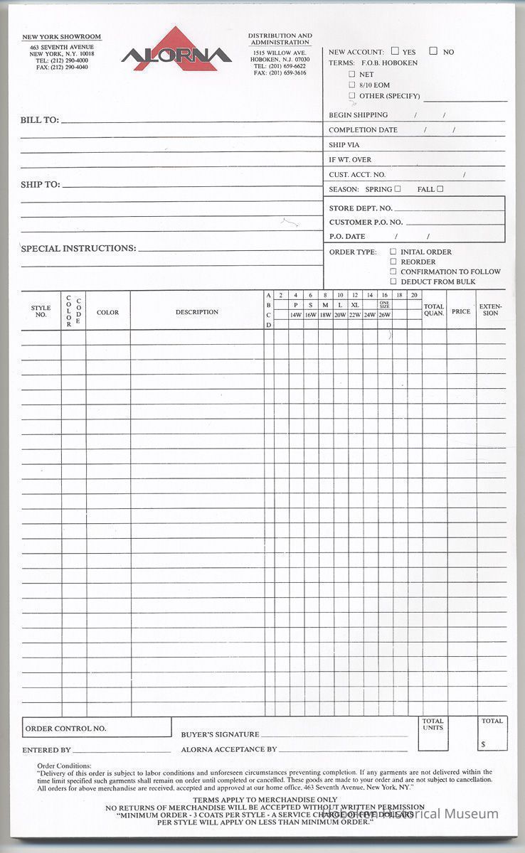 Order form: Alorna [Coat Corp.], NY & 1515 Willow Ave., Hoboken. No date, circa 2000-2003. picture number 1