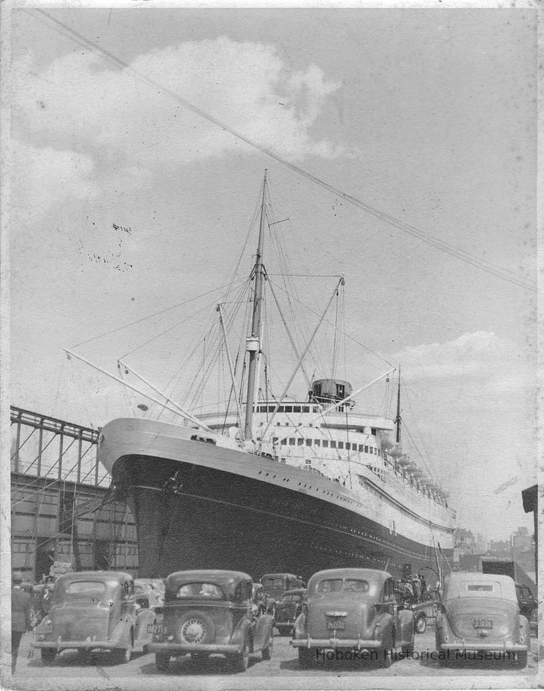 B+W photo of the S.S. Nieuw Amsterdam, Holland-America Line at a Hoboken pier, Hoboken, no date, ca. 1940. picture number 1