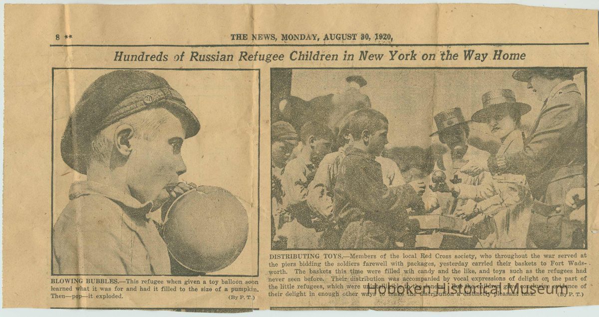Newspaper clipping, N.Y. Daily News, Aug. 10, 1920 of 2 photos of Red Cross volunteers giving toys to Russian refugee children on their way home. picture number 1