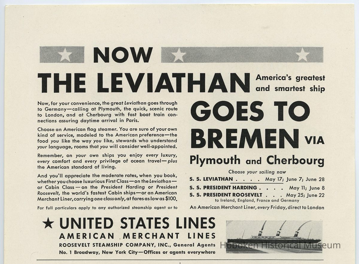 Ad: Leviathan, United States Lines, to Bremen, 1932
