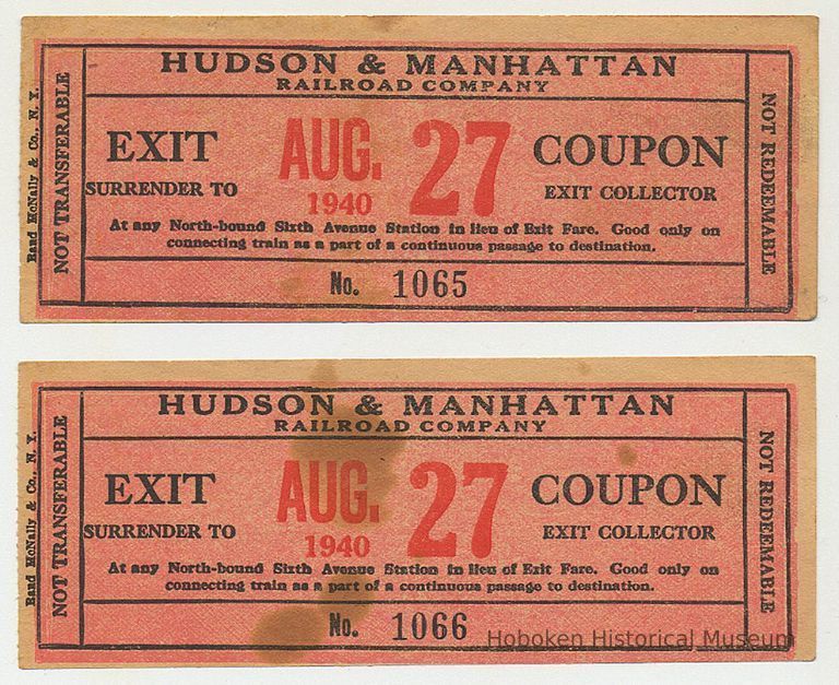 Hudson & Manhattan Railroad Co. Exit Coupon, Aug. 27, 1940. picture number 1