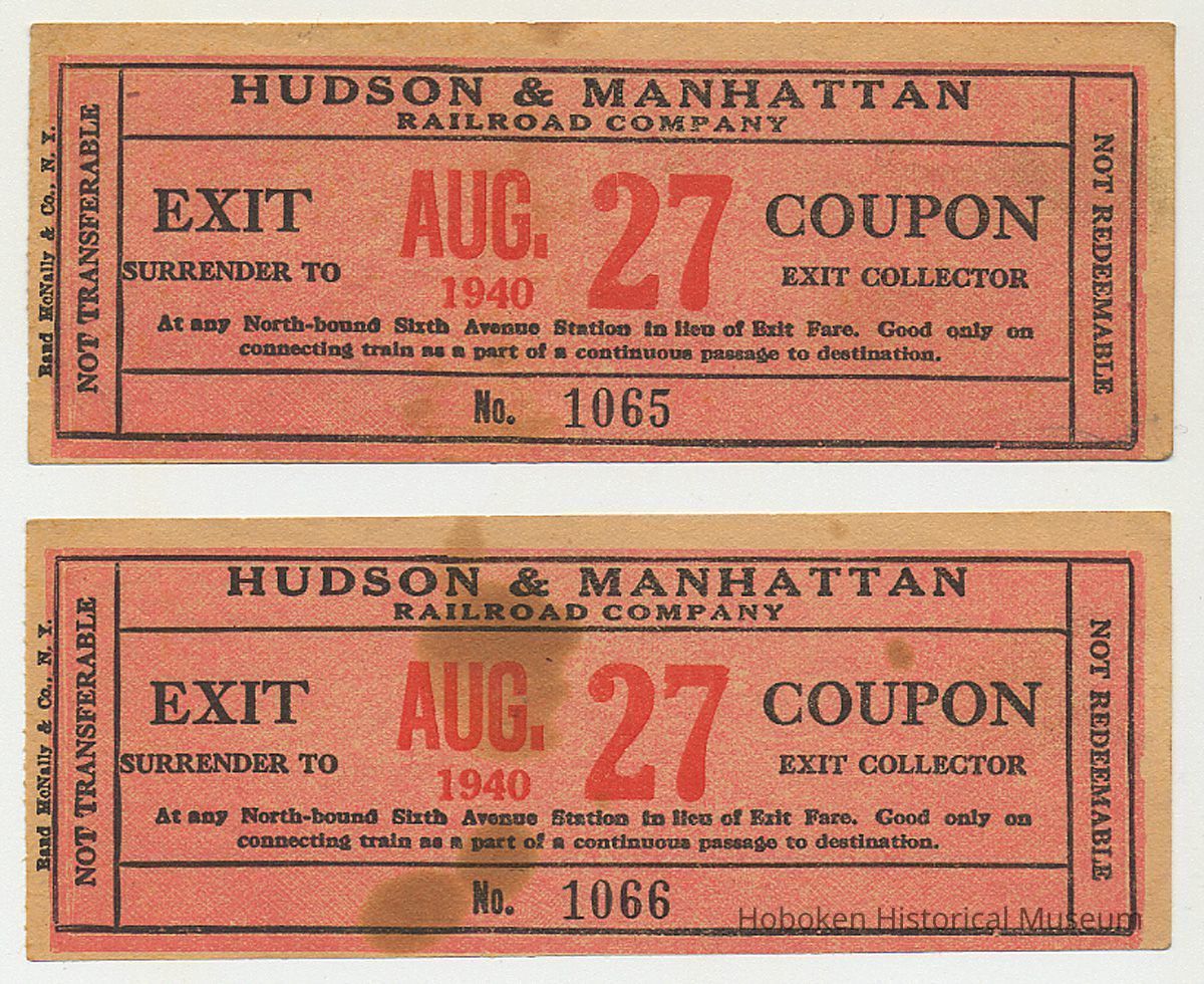 Hudson & Manhattan Railroad Co. Exit Coupon, Aug. 27, 1940. picture number 1