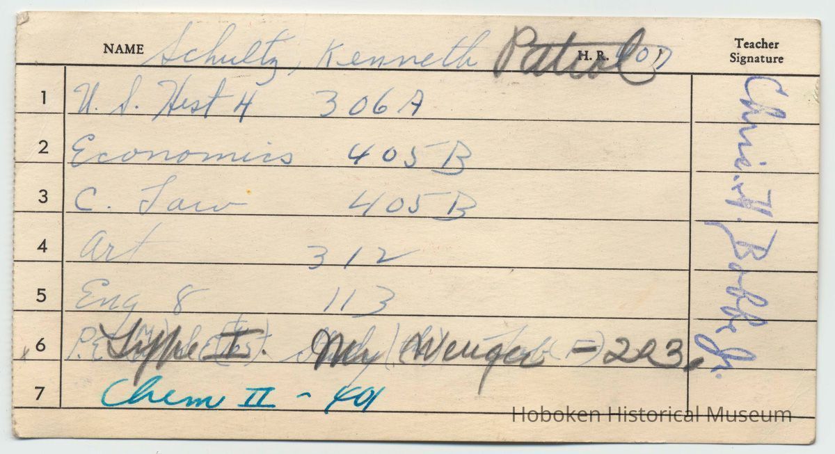 Digital image of a room assignment card for Kenneth Schultz, probably at Brandt School, Hoboken, no date, ca. 1952. picture number 1