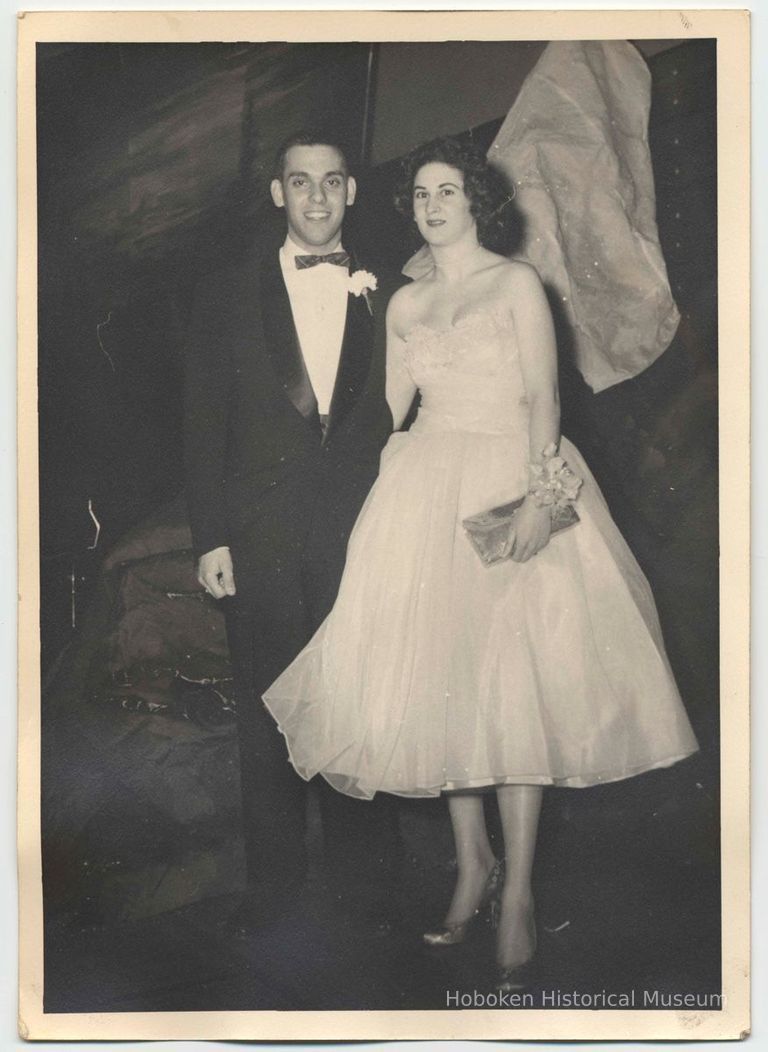 Digital image of B+W photo of Ken Schultz and a young woman in formal wear, no place, Hoboken?, no date, ca. 1954-56. picture number 1