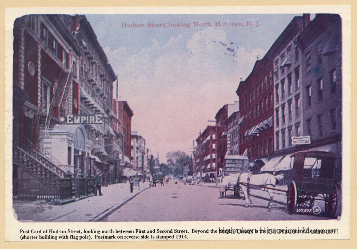 Printed view of a color postcard of Hudson Street looking north between First and Second Sts., Hoboken, 1914 or earlier. picture number 1