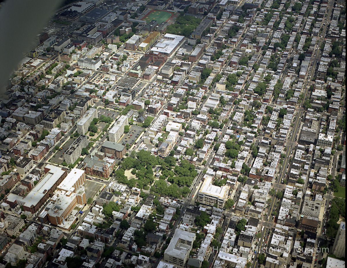 Digital reference image of color aerial view of Hoboken, June 6, 2003. Image number 8583. Photographer, Lee Ross, 