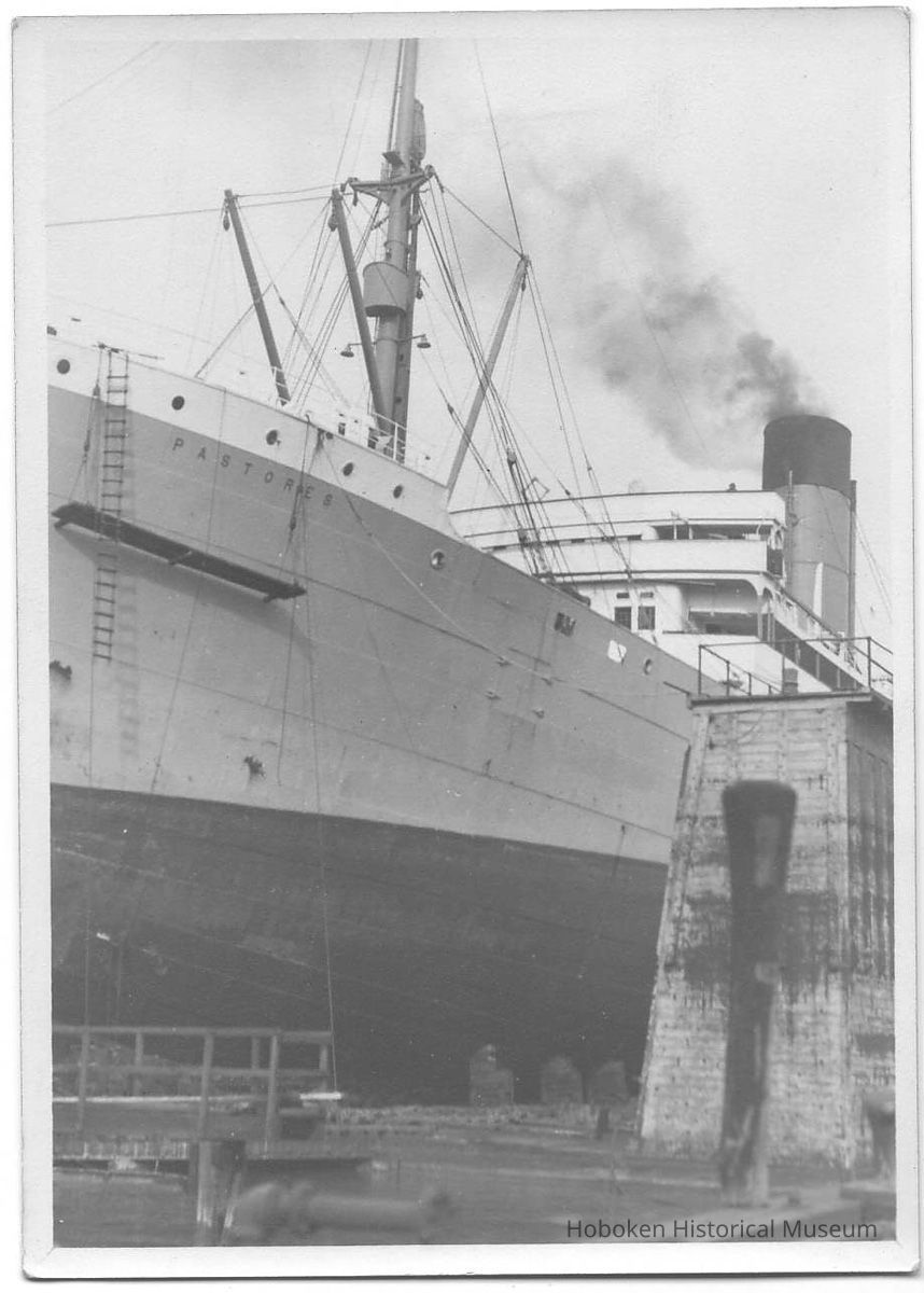 B+W photo of a port bow view of the S.S. Pastores in dry dock, Hoboken, no date, ca. 1940. picture number 1