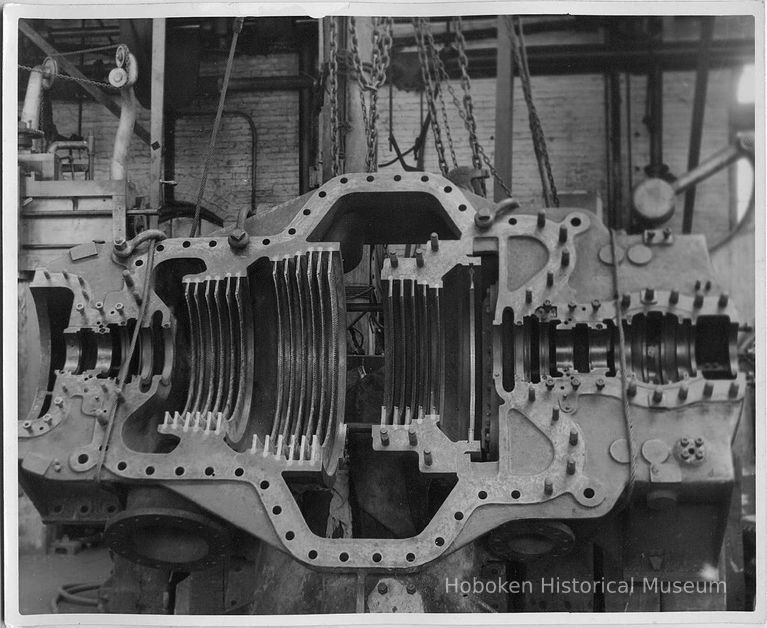 B+W photo of low pressure turbine casing, bottom half, of the S.S. Bonheur, machine shop, Hoboken, no date, [Feb., 1938.] picture number 1