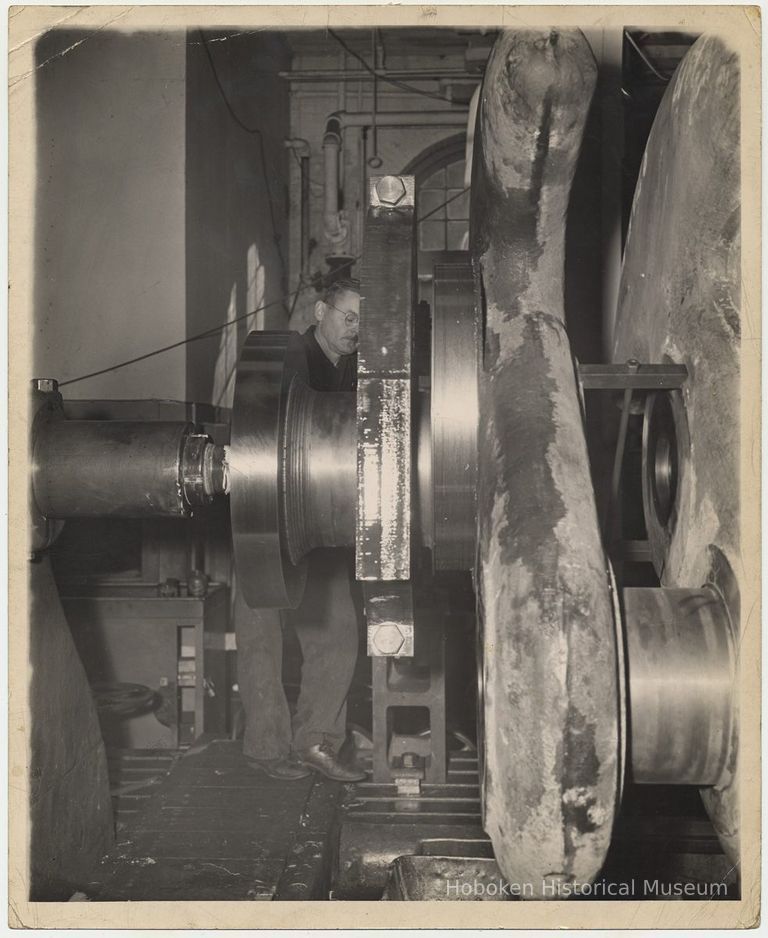 B+W photo of a part being machined at Bethlehem Steel Shipyard, Hoboken, n.d., ca. 1940-1945. picture number 1