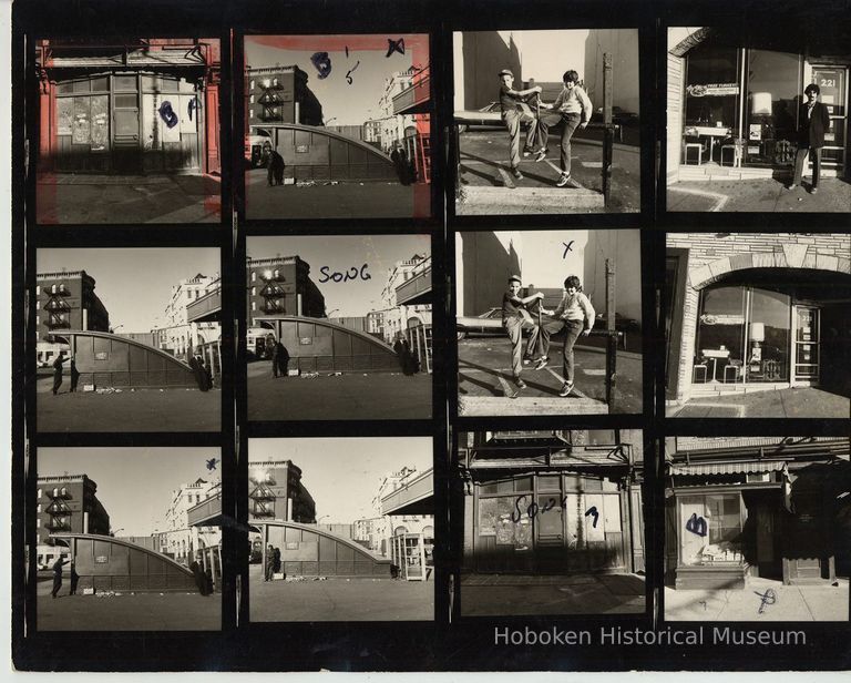 B+W negative contact sheet of images of Hoboken taken by John Conn. no date, [1976]. picture number 1