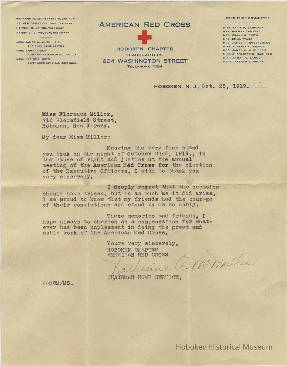 Typed letter signed to Florence G. Miller, 716 Bloomfield St., Hoboken from Katherine A. McMullen, American Red Cross, Hoboken Chapter, Headquarters, 604 Washington St., Hoboken, October 25, 1919. picture number 1