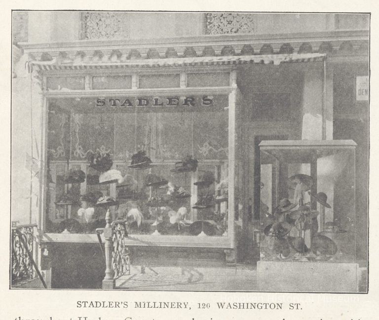 Printed B+W photograph of Stadler's Millinery, 120 Washington Street, Hoboken, ca. 1906-1908. picture number 1