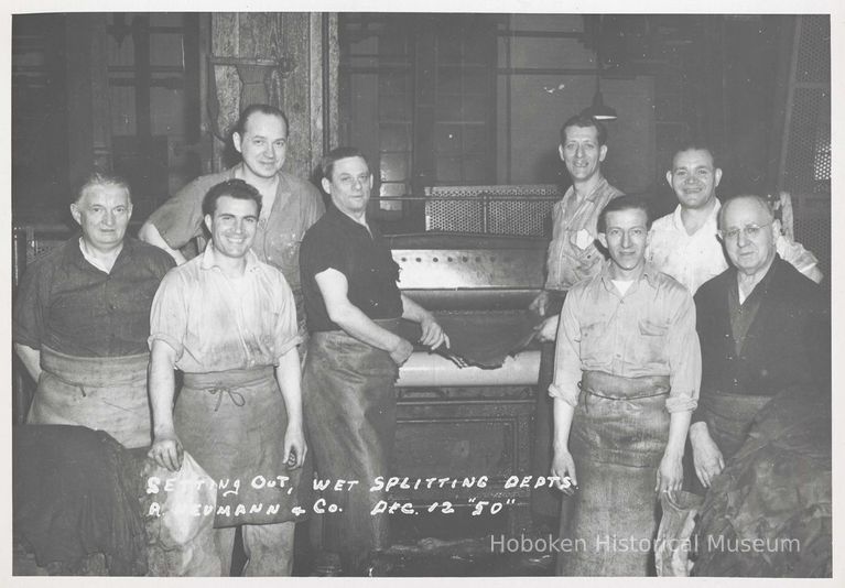 B+W photo of R. Neumann & Co. setting out and wet splitting departments, Hoboken, December 12, 1950. picture number 1