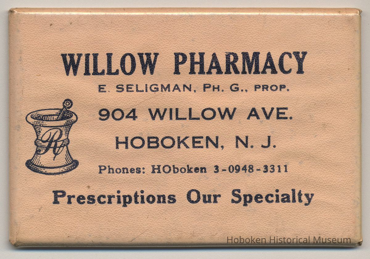 Pocket mirror advertising Willow Pharmacy, 904 Willow Ave., Hoboken, no date, ca. 1950-60. picture number 1