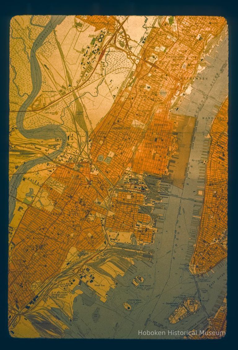 Color slide of detail from unidentified map of New York Harbor with Hoboken picture number 1