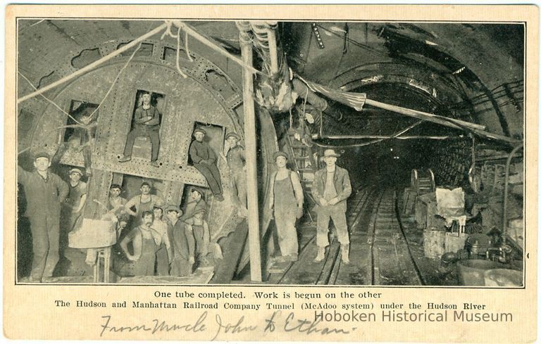 Digital image of Hudson & Manhattan R.R. postcard titled: One tube completed. Work is begun on the other.1908. picture number 1