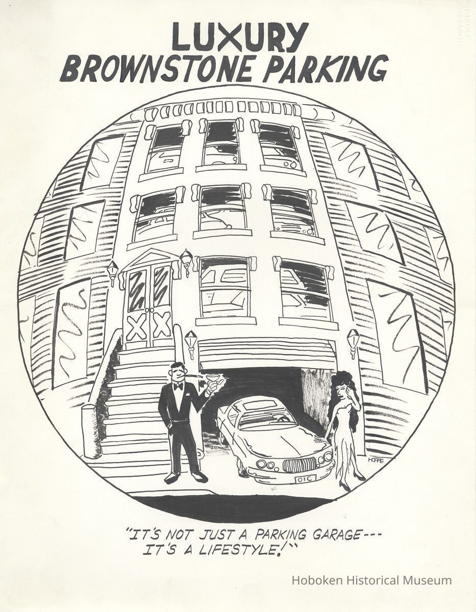 Pen-and-ink drawing: Luxury Brownstone Parking. Artist: Randy Hoppe, Hoboken, no date, circa 1990-1991. picture number 1