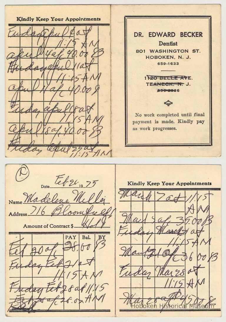 Appointment card of Madeline Miller for Dr. Edward Becker, Dentist, 801 Washington St., Hoboken, Feb.-Apr.25, 1975. picture number 1