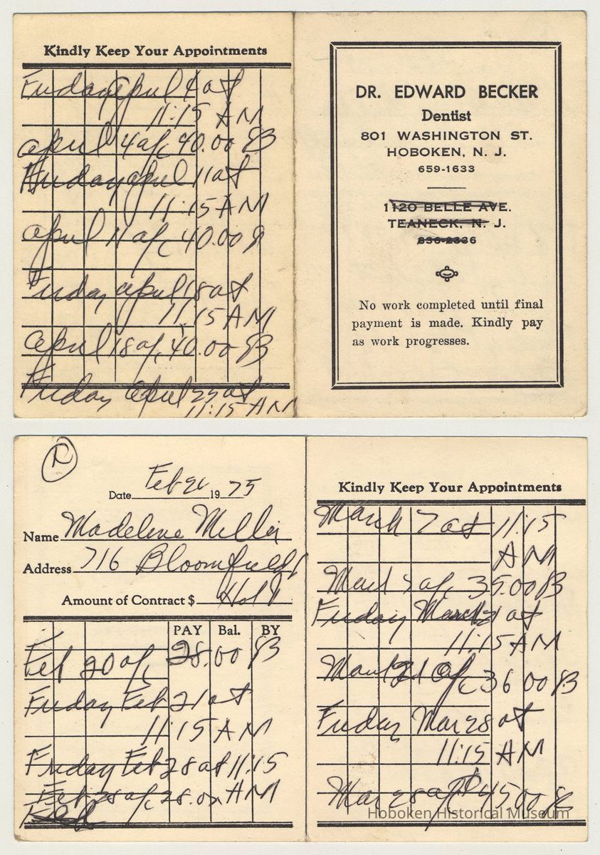 Appointment card of Madeline Miller for Dr. Edward Becker, Dentist, 801 Washington St., Hoboken, Feb.-Apr.25, 1975. picture number 1