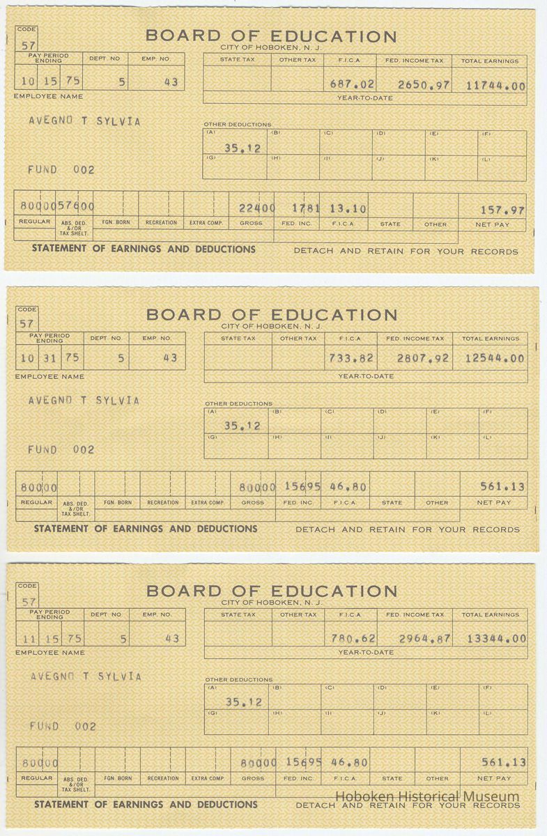 Earning statements (pay stubs), three, of Theresa Sylvia Avegno from the Hoboken Board of Education, 1975. picture number 1