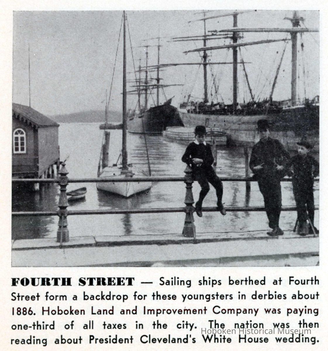 Reference image: View of sailing ships berthed at Fourth Street piers with young men in derbies in foreground, ca. 1886. picture number 1