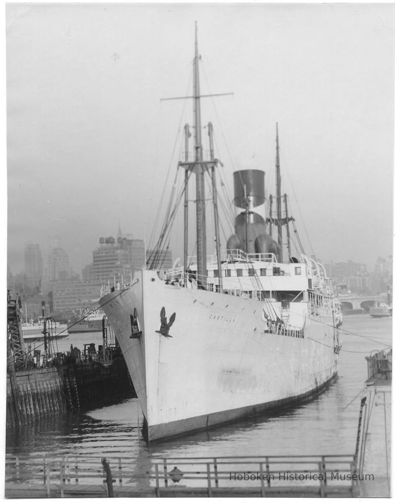 B+W photo of the S.S. Castilla tied off in wet dry dock, Hoboken, no date, ca. 1940. picture number 1