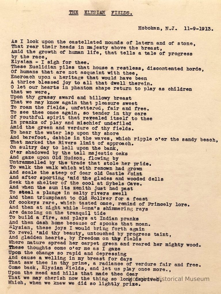 Digital image of typed poem: The Elysian Fields. Hoboken, N.J., Nov. 9, 1913. Author & original source not indicated. picture number 1