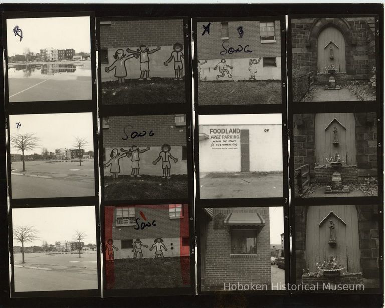 B+W negative contact sheet of images of Hoboken taken by John Conn. no date, [1976]. picture number 1