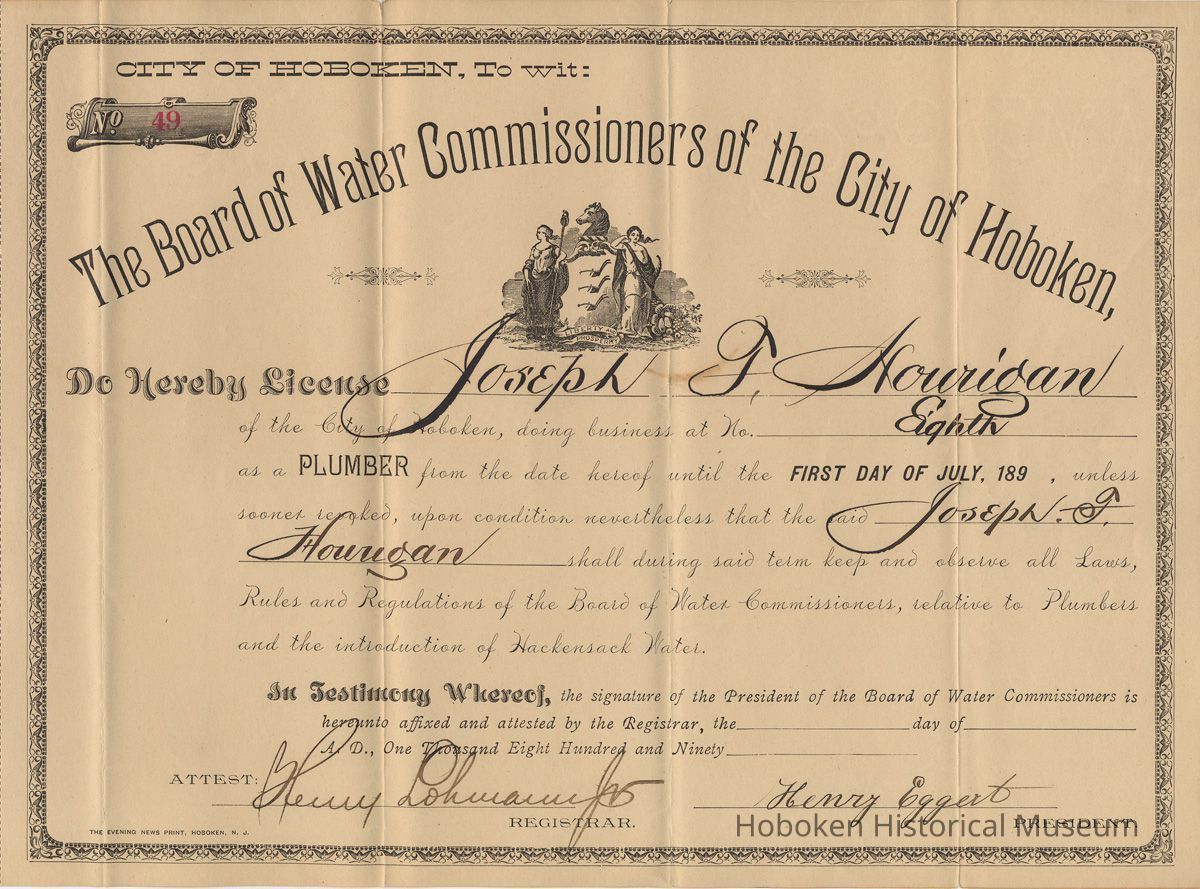 Plumber license for Joseph F. Horrigan, Hoboken, from Board of Water Commissioners, n.d., ca. 1890-1899. picture number 1