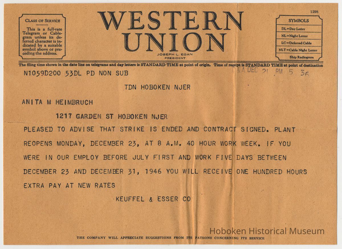 Telegram from K&E, Dec. 21, 1946 to employee Anita Heimbruch, 1217 Garden St., Hoboken, re end of strike & reopening date. picture number 1