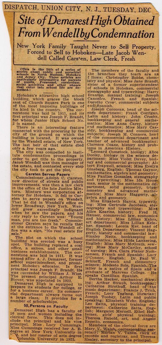 Digital images of Digital image of newsclipping: Site of Demarest High Obtained From Wendell by Condemnation. Hudson Dispatch, Tuesday, Dec., no date or year, probably late 1920's. picture number 1