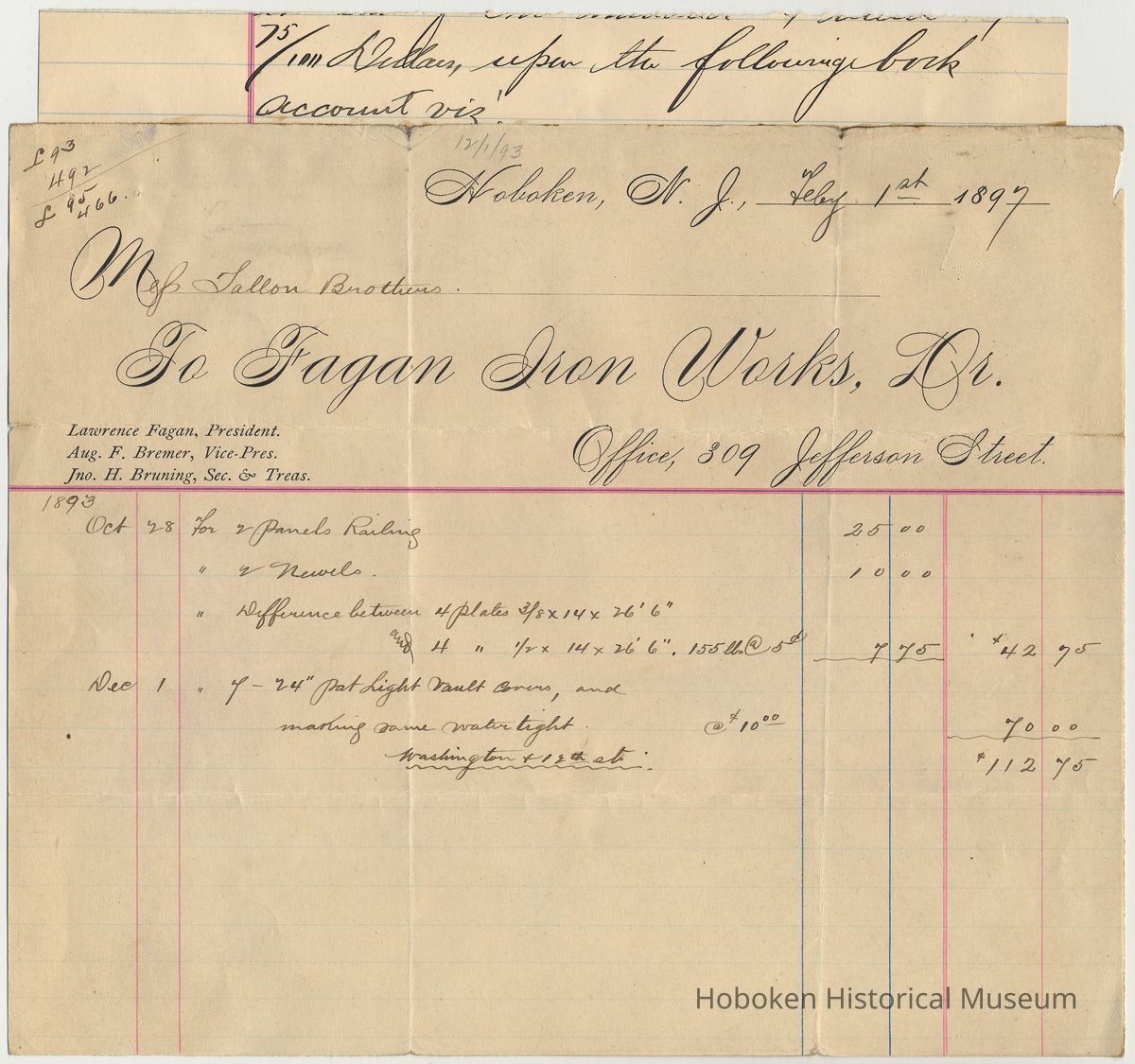 Statement of Feb. 1, 1897 from Fagan Iron Works, 309 Jefferson St., Hoboken to Fallon Brothers. picture number 1