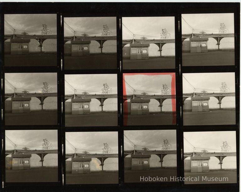 B+W negative contact sheet of images of Hoboken taken by John Conn. no date, [1976]. picture number 1