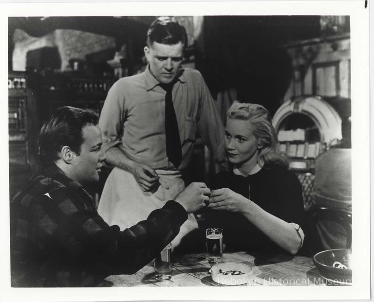 B+W publicity photo of Marlon Brando as Terry Malloy, Eva Marie Saint as Edie Doyle in film 